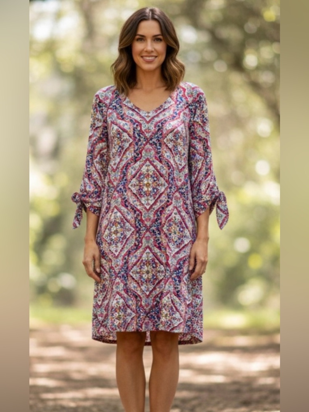 Chico's Shift Dress Vibrant Kaleidoscope Design 3/4 Sleeve Tie Detail Stretch
